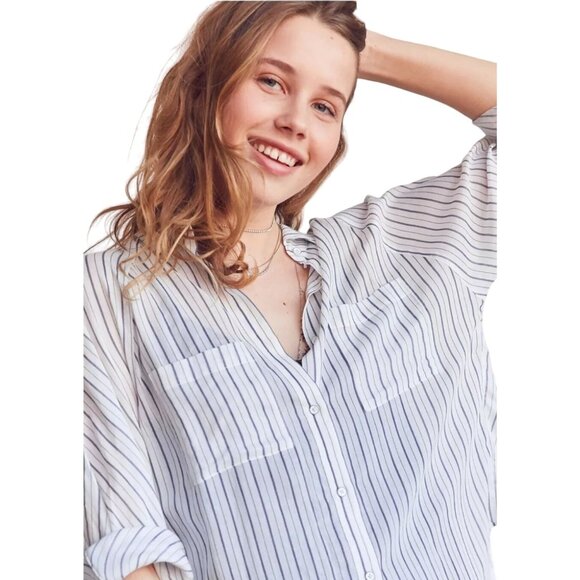 Silence + Noise Sm Charlie Striped Button-Down Shirt Lightweight Oversized Sheer - Picture 11 of 15